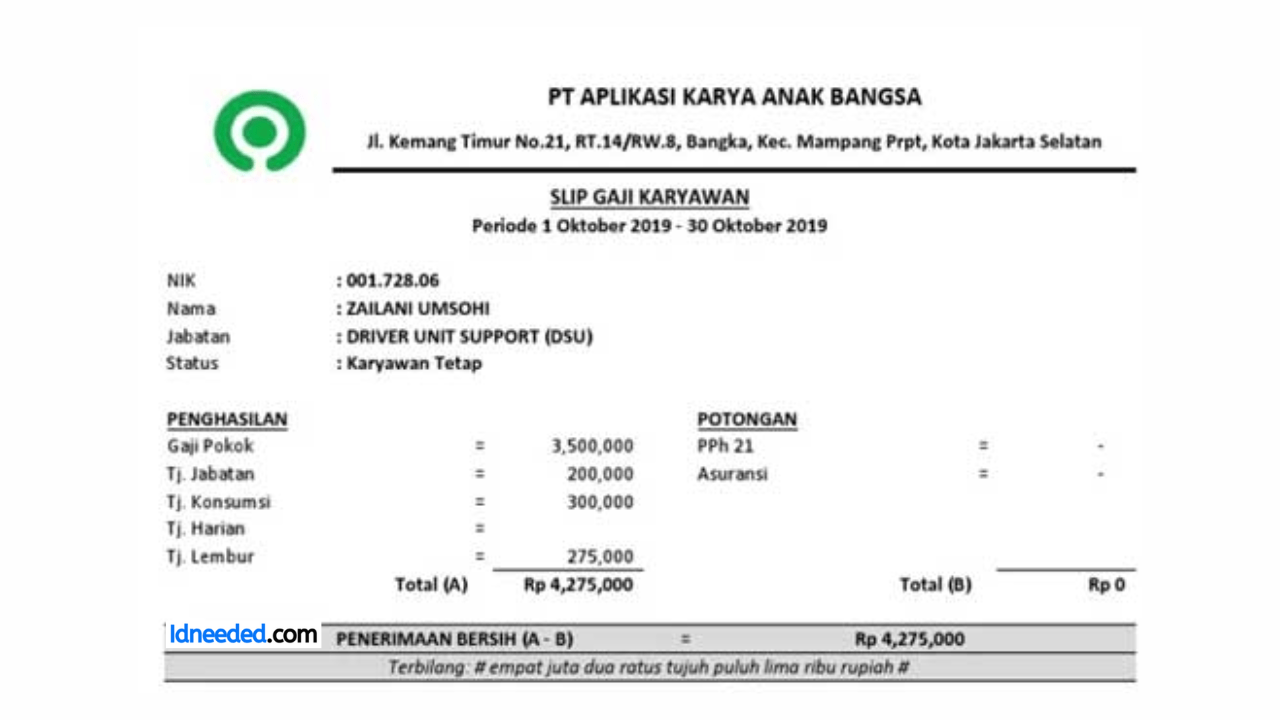 Contoh Slip Gaji Karyawan Gojek