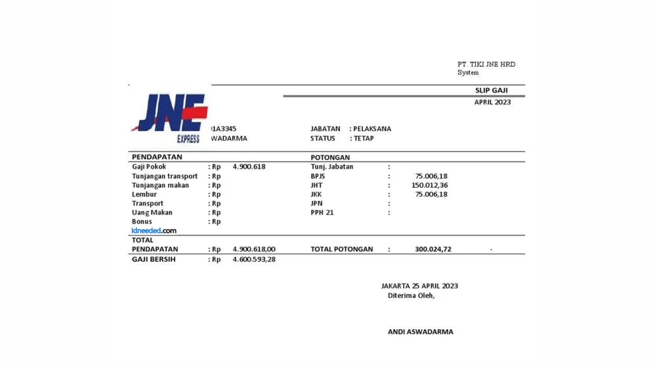 Contoh Slip Gaji Karyawan JNE