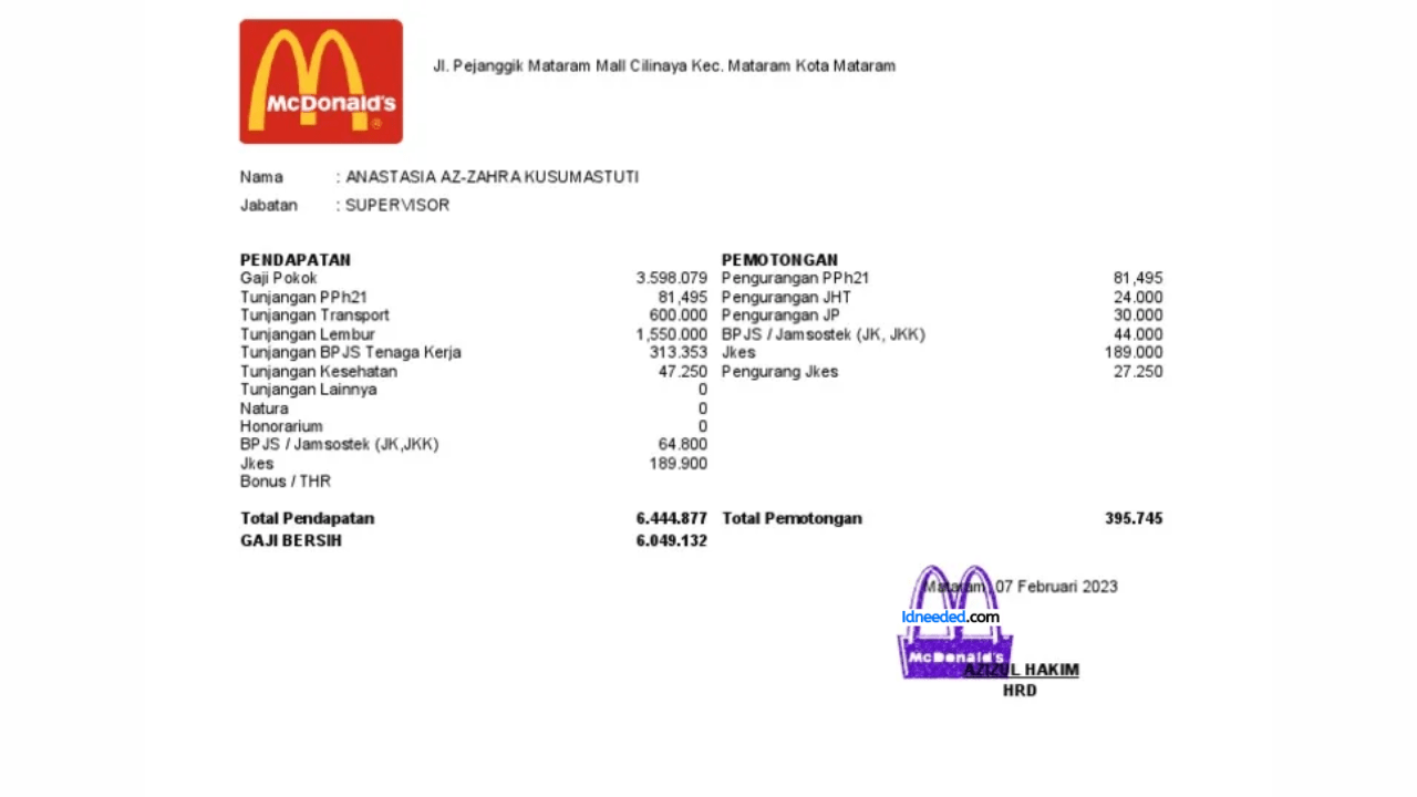 Contoh Slip Gaji Karyawan MCD