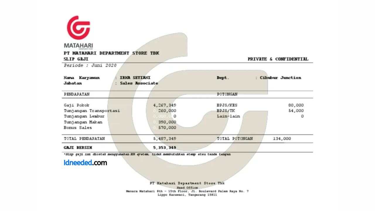 Contoh Slip Gaji Karyawan Matahari