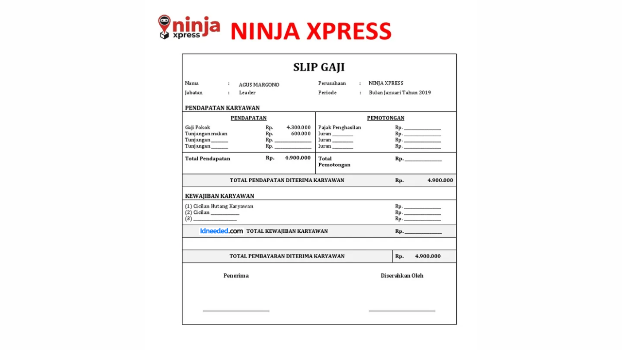 Contoh Slip Gaji Karyawan Ninja Xpress