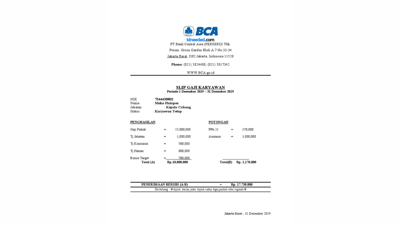 Contoh Slip Gaji Pegawai Bank BCA-min