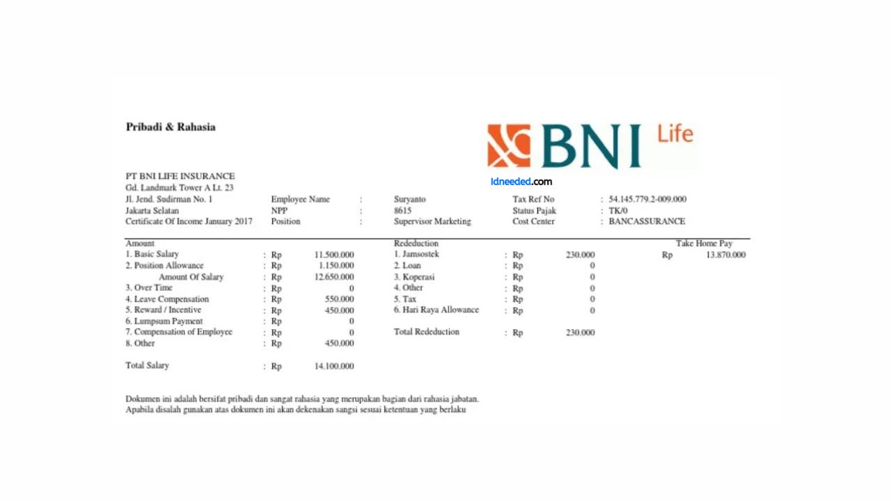 Contoh Slip Gaji Pegawai Bank BNI Berbagai Posisi