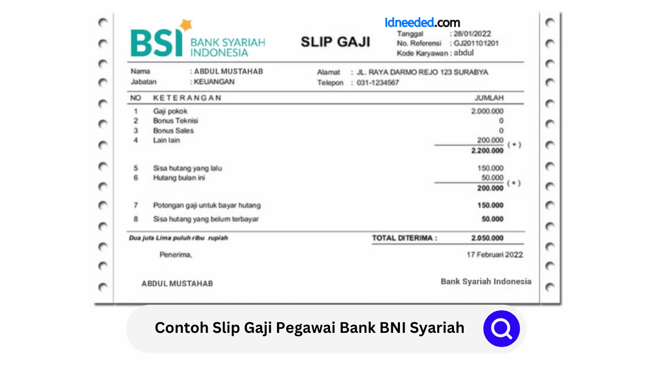 Contoh Slip Gaji Pegawai Bank BNI Syariah