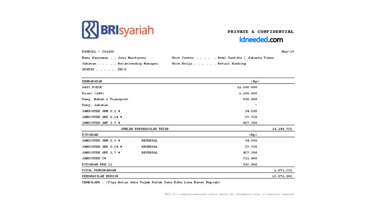 Contoh Slip Gaji Karyawan Bank BRI Syariah