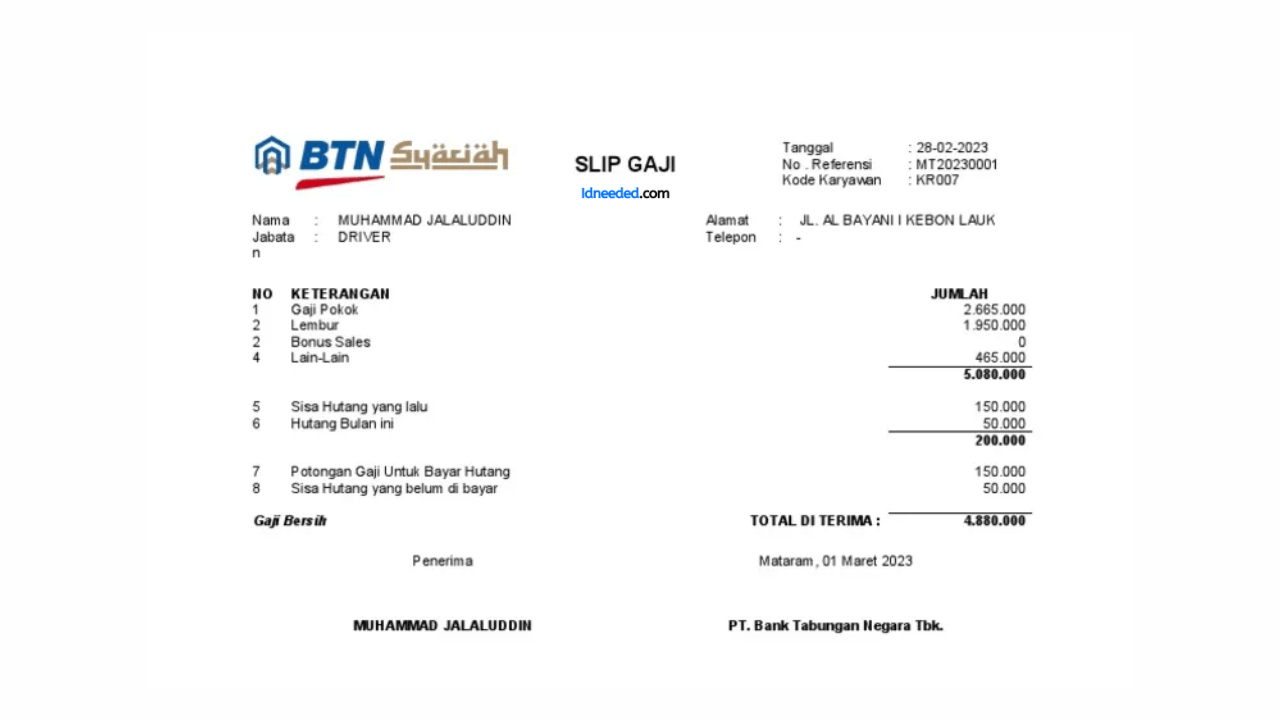 Contoh Slip Gaji Pegawai Bank BTN