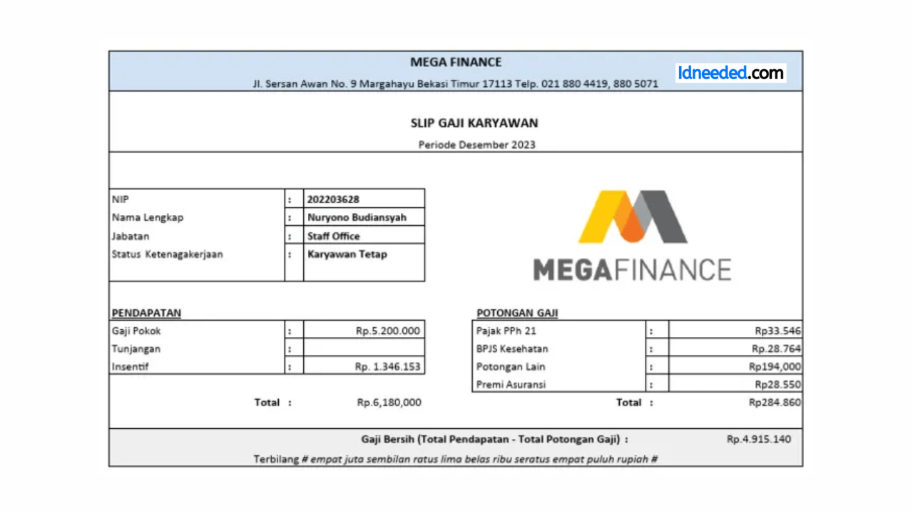 Contoh Slip Gaji Pegawai Bank Mega