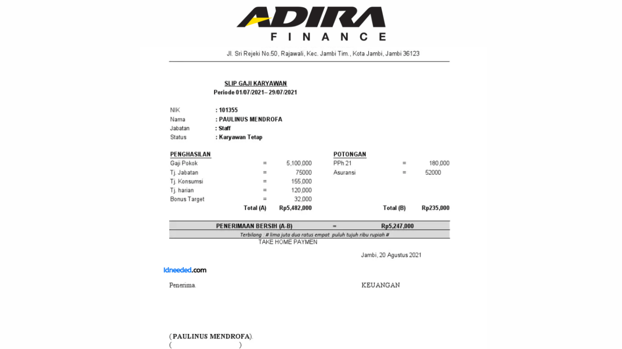 Contoh Slip Gaji Karyawan Adira Finance