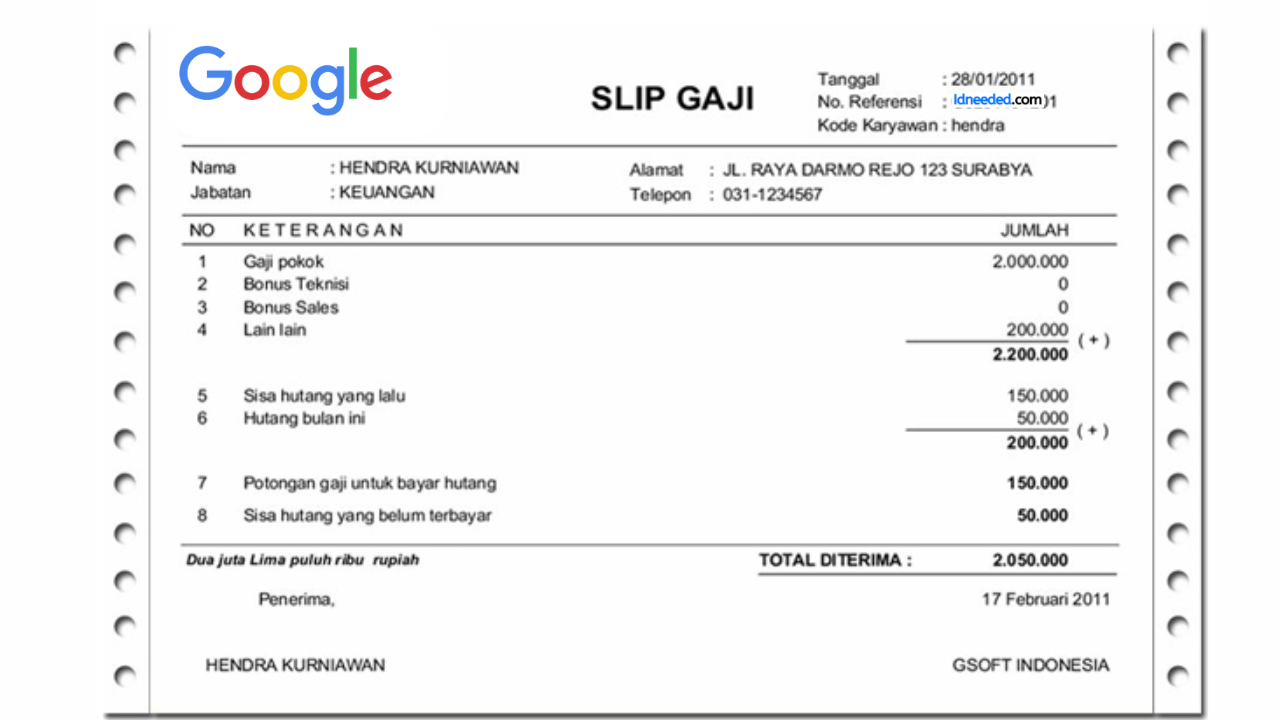 Contoh Slip Gaji Karyawan Google Indonesia