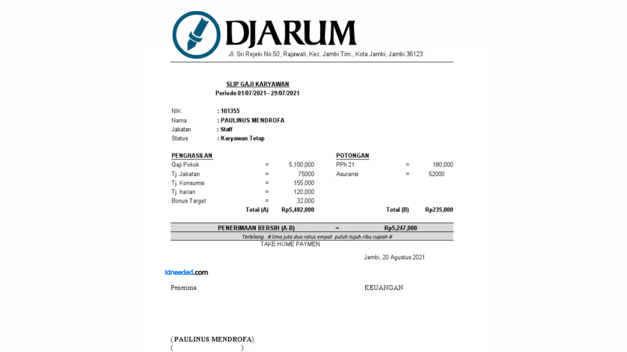 Contoh Slip Gaji Karyawan PT Djarum