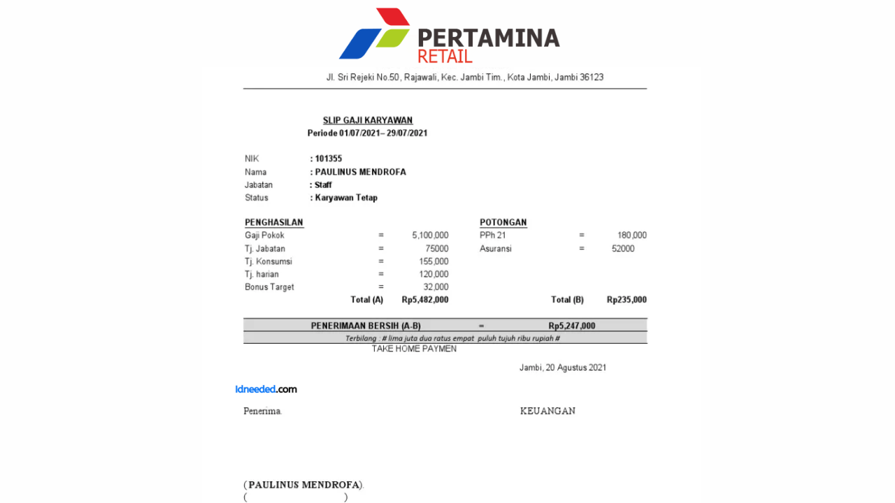 Contoh Slip Gaji Karyawan Pertamina Retail