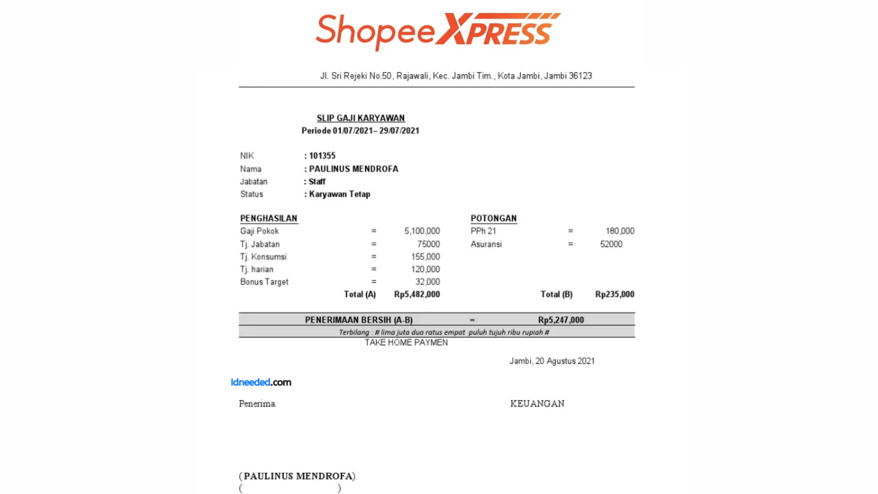 Contoh Slip Gaji Karyawan Shopee Express