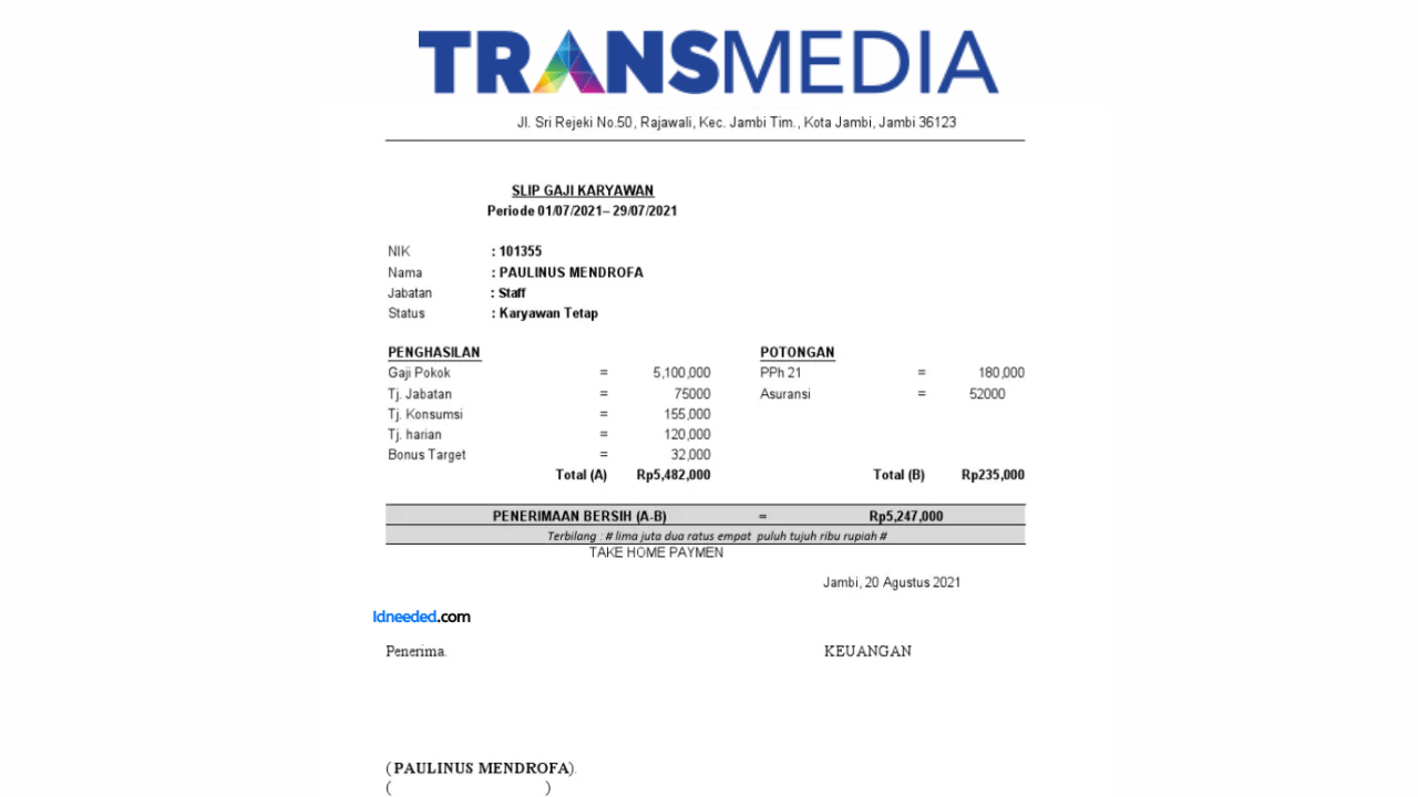 Contoh Slip Gaji Karyawan Transmedia