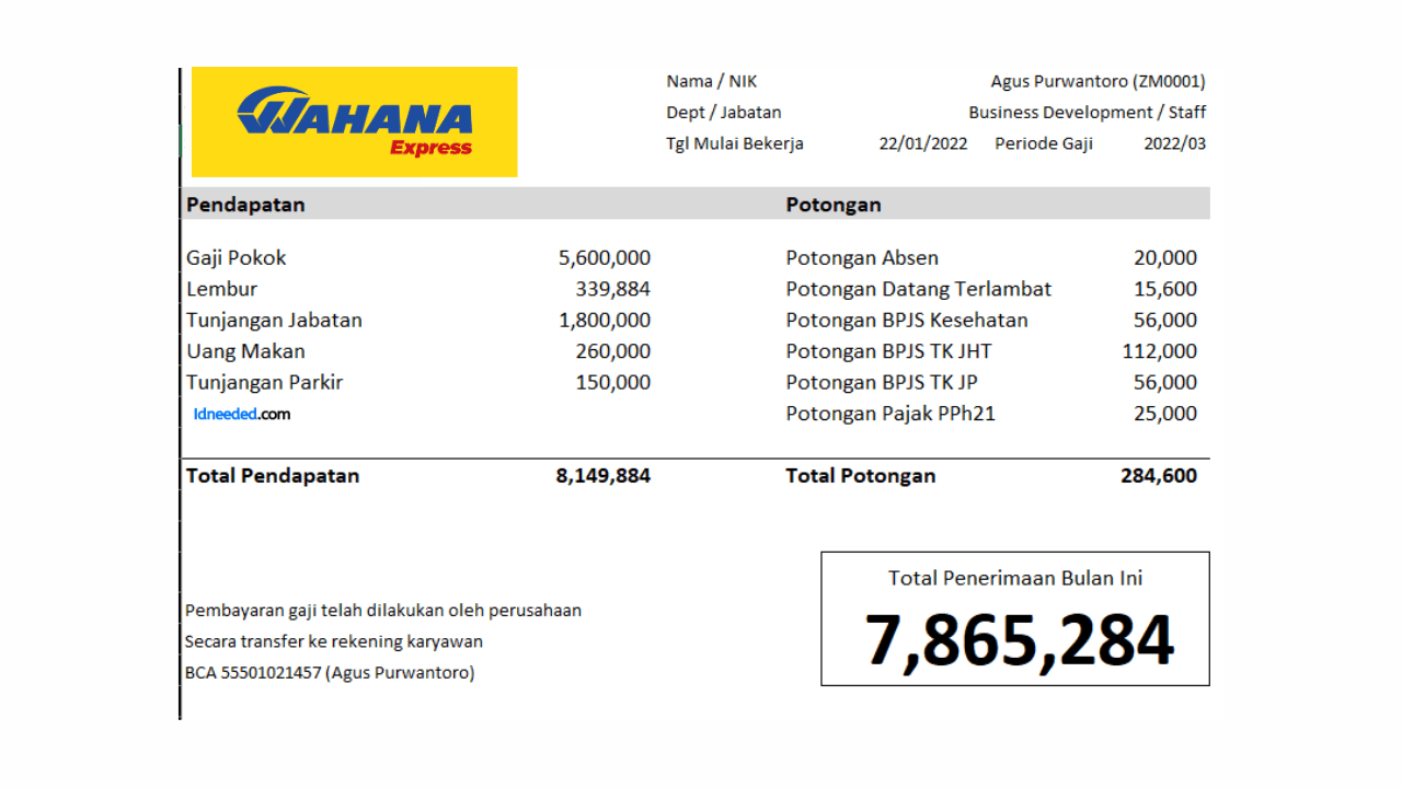 Contoh Slip Gaji Karyawan Wahana Logistik