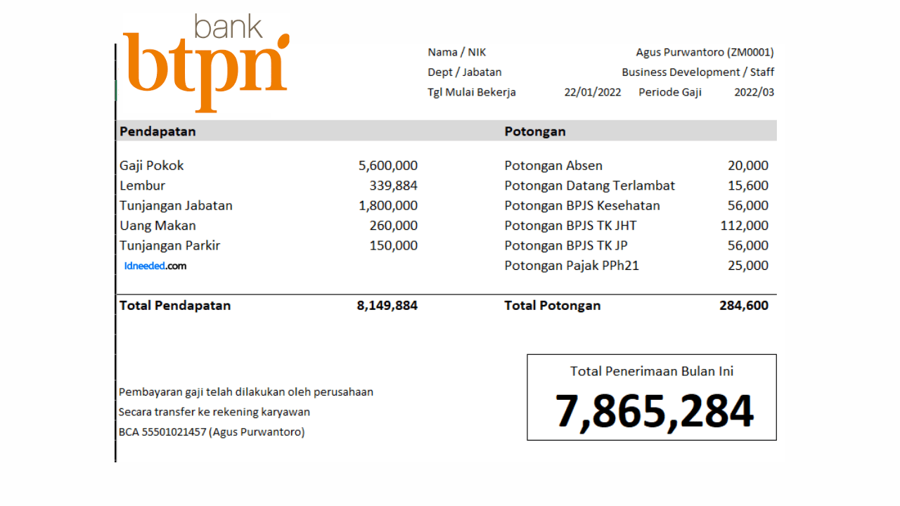 Contoh Slip Gaji Pegawai Bank BTPN