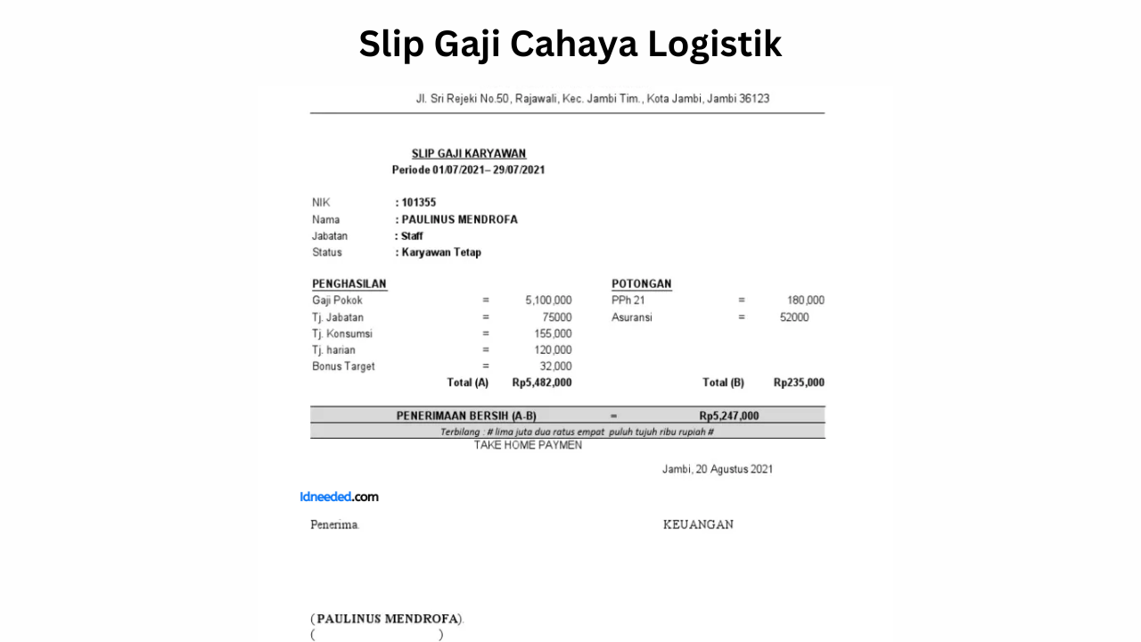 Contoh Slip Gaji Karyawan Cahaya Logistik