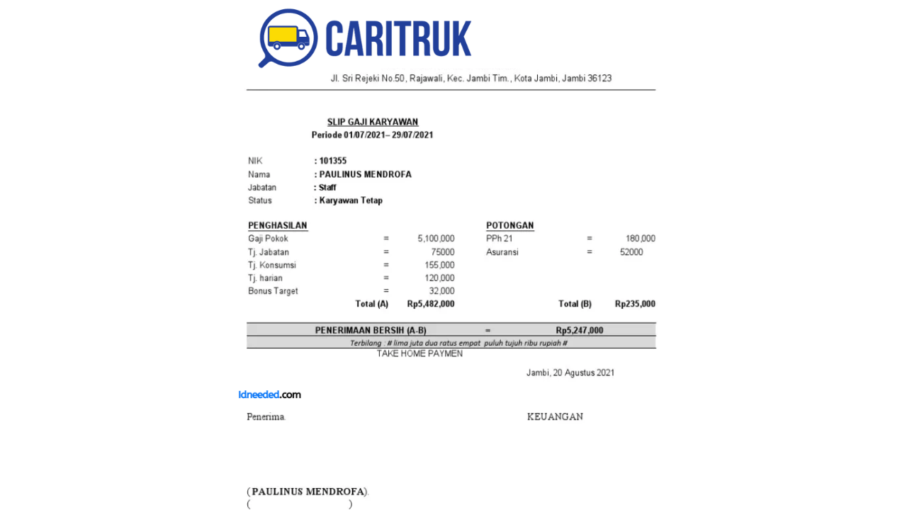 Contoh Slip Gaji Karyawan CariTruk