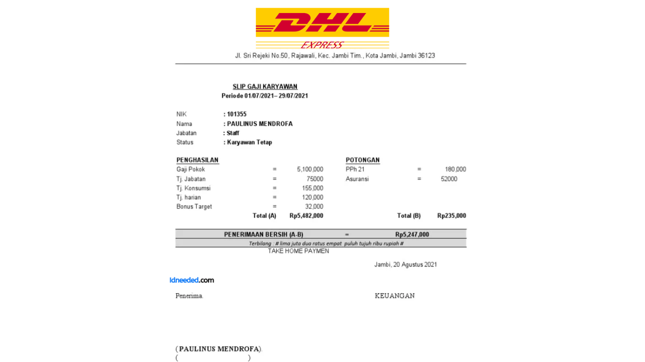 Contoh Slip Gaji Karyawan DHL