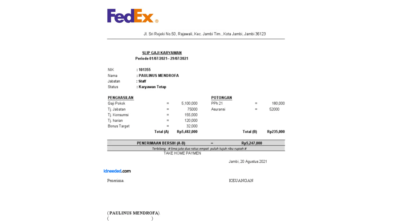 Contoh Slip Gaji Karyawan FedEx