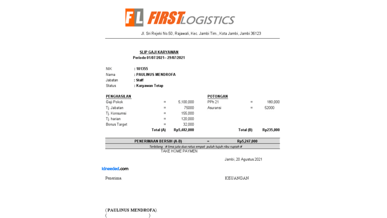 Contoh Slip Gaji Karyawan First Logistics