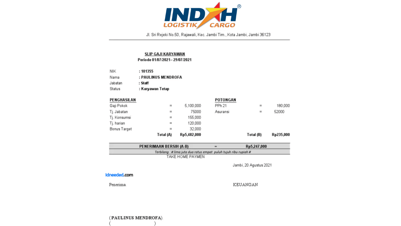 Contoh Slip Gaji Karyawan Indah Logistik