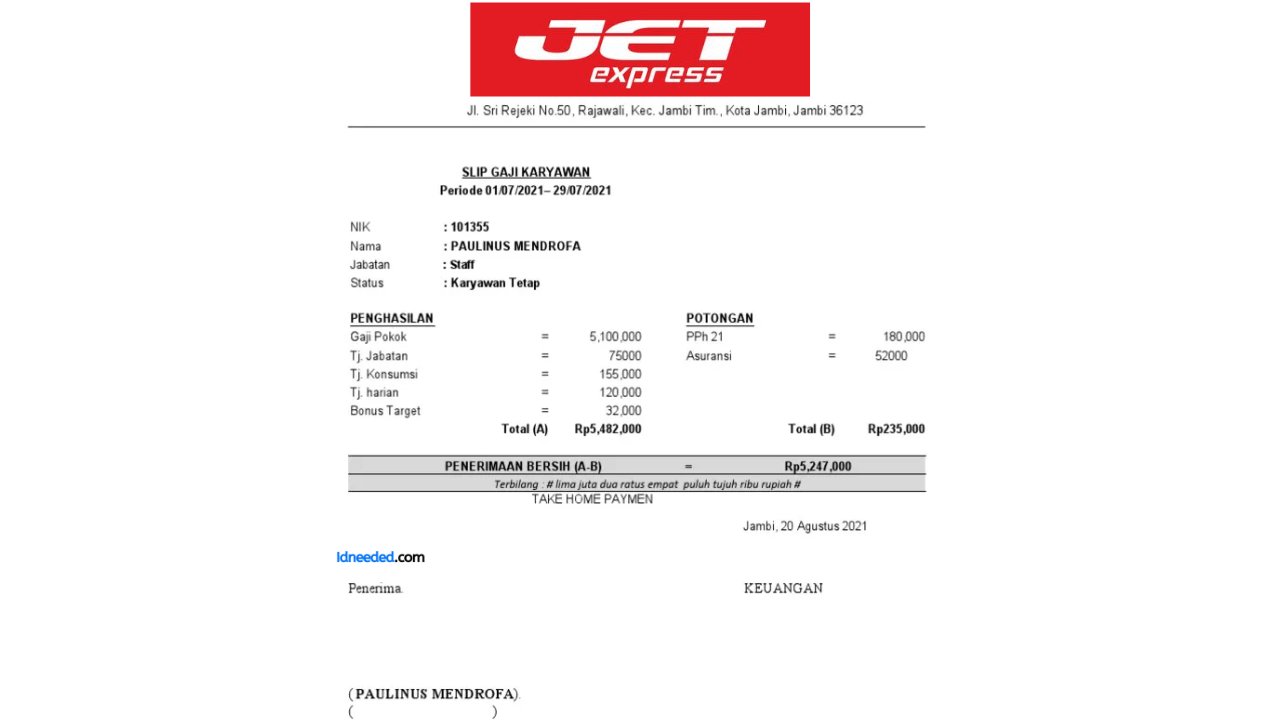 Contoh Slip Gaji Karyawan JET Express