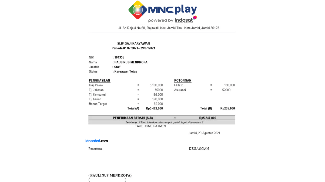 Contoh Slip Gaji Karyawan MNC Playmedia