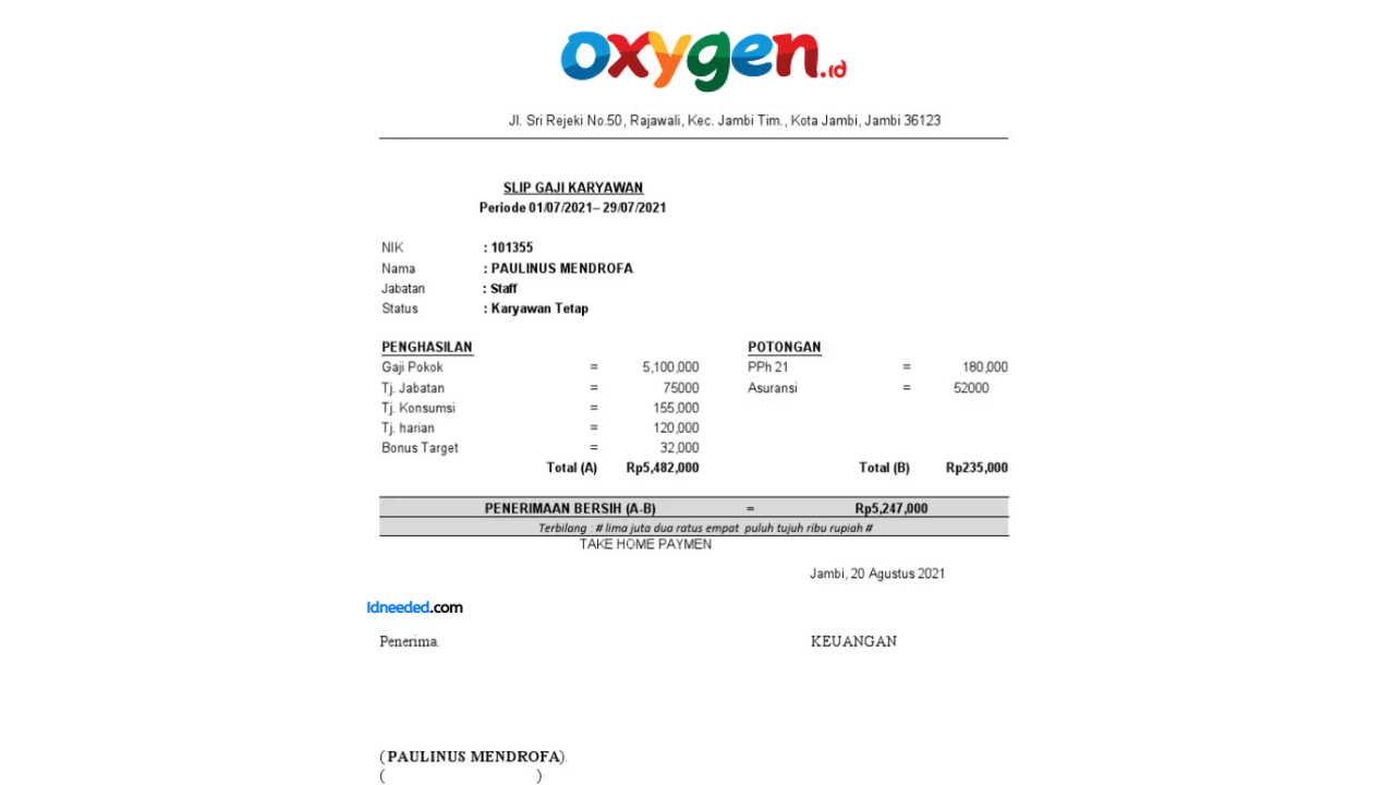 Contoh Slip Gaji Karyawan Oxygen (PT Mora Telematika Indonesia)