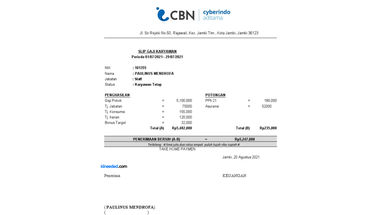 Contoh Slip Gaji Karyawan PT Cyberindo Aditama (CBN)