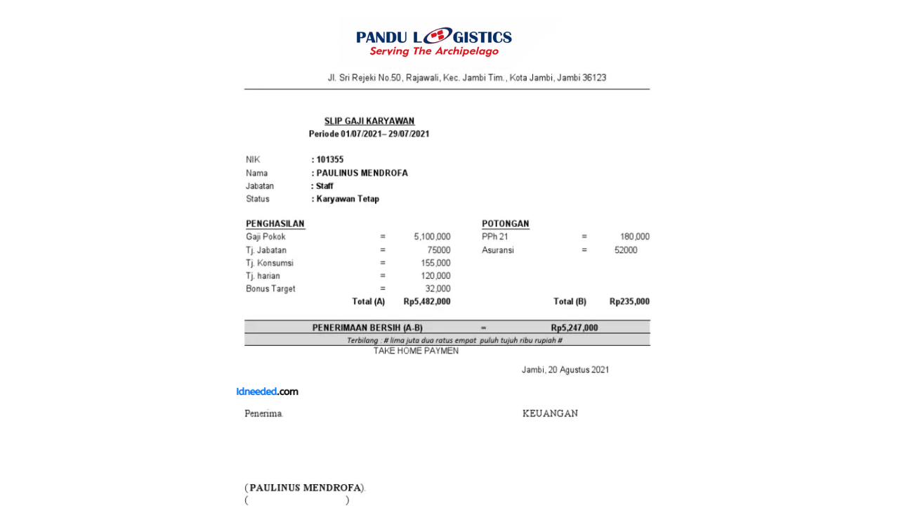 Contoh Slip Gaji Karyawan Pandu Logistics