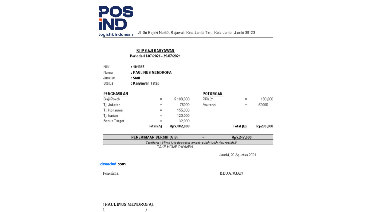 Contoh Slip Gaji Karyawan Pos Indonesia