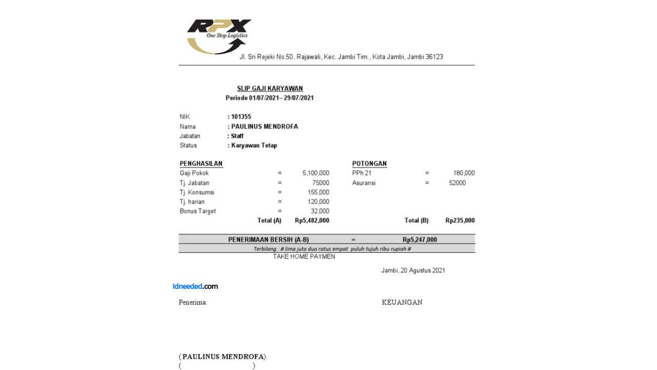 Contoh Slip Gaji Karyawan RPX