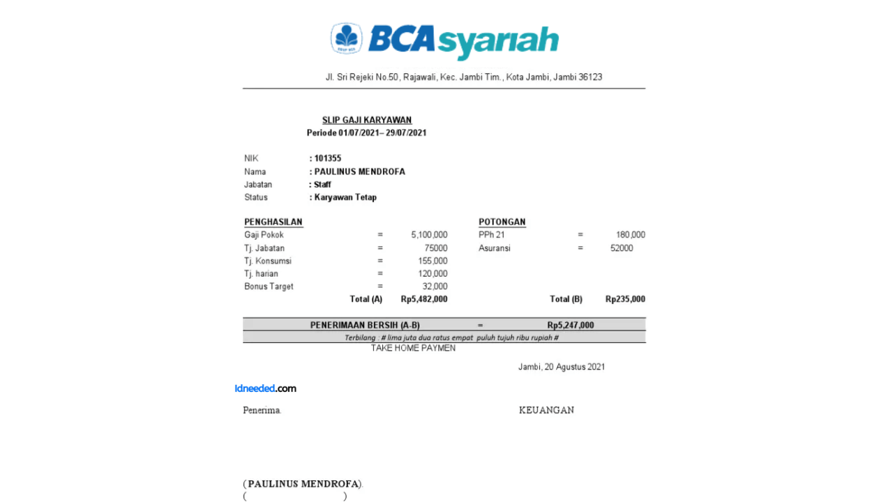 Contoh Slip Gaji Pegawai Bank BCA Syariah