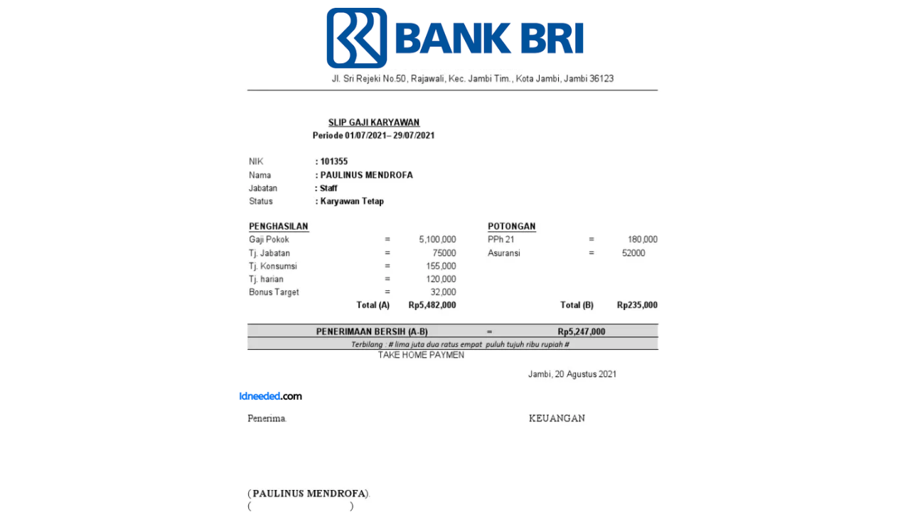 Contoh Slip Gaji Pegawai Bank BRI