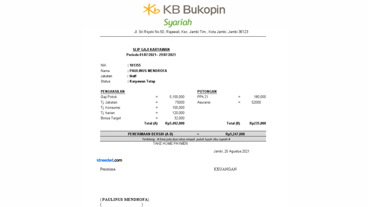 Contoh Slip Gaji Pegawai Bank Bukopin Syariah