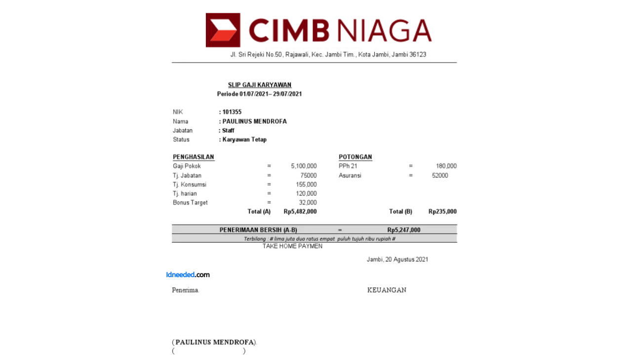 Contoh Slip Gaji Pegawai Bank CIMB Niaga