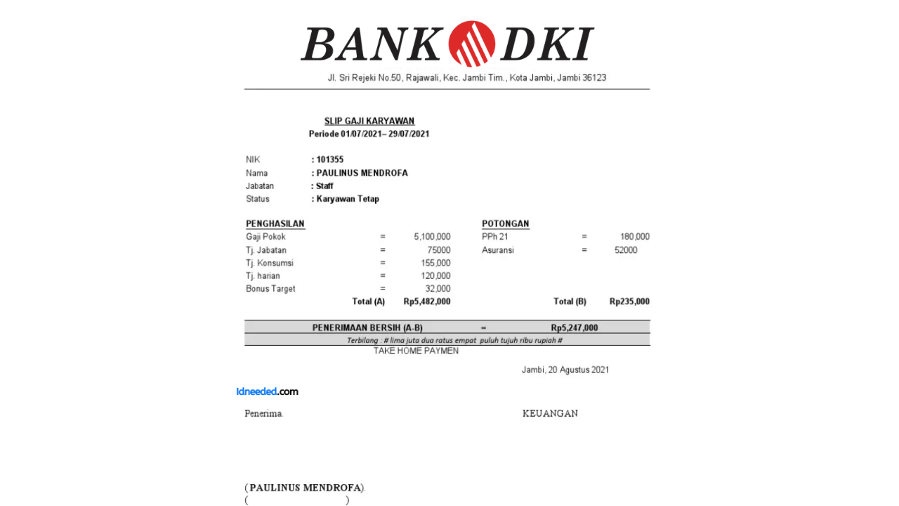 Contoh Slip Gaji Pegawai Bank DKI Jakarta