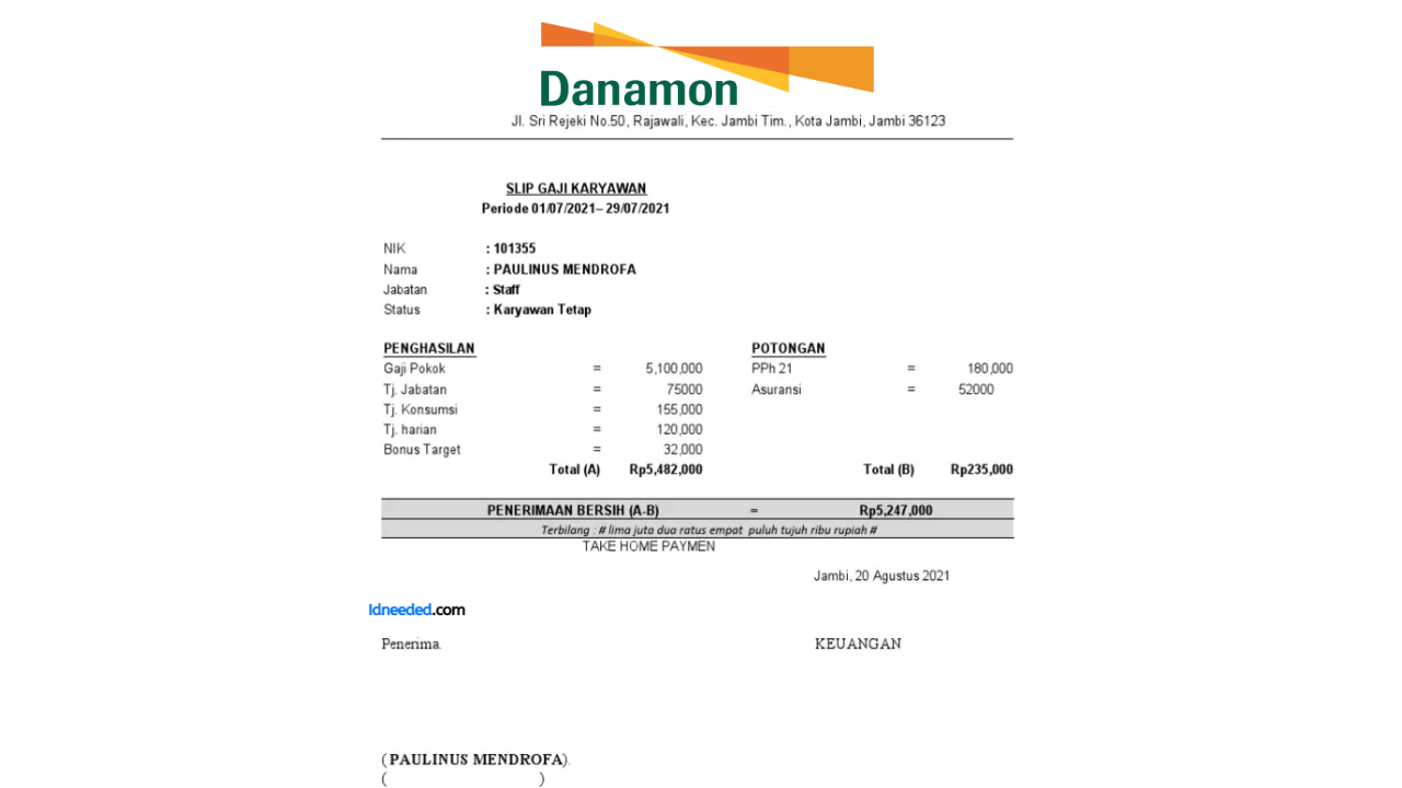 Contoh Slip Gaji Pegawai Bank Danamon