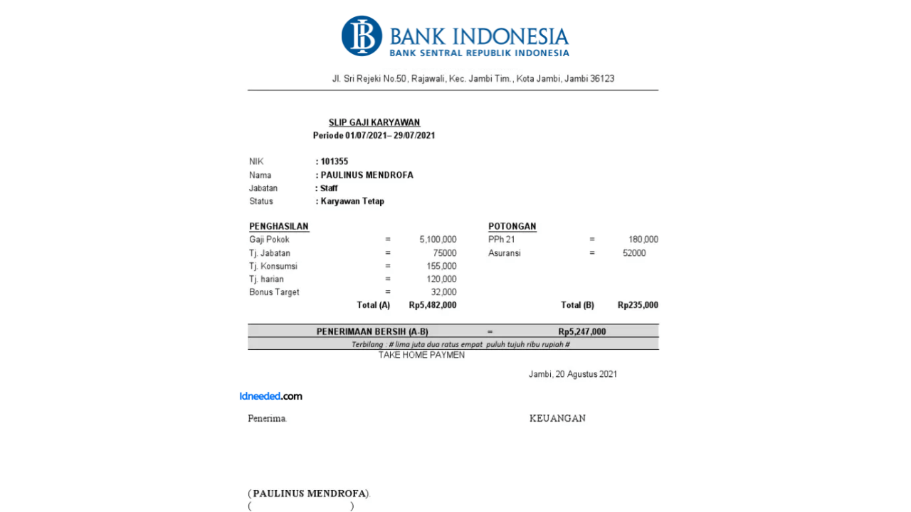 Contoh Slip Gaji Pegawai Bank Indonesia