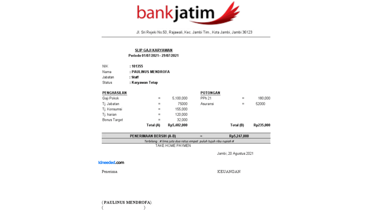 Contoh Slip Gaji Pegawai Bank Jatim