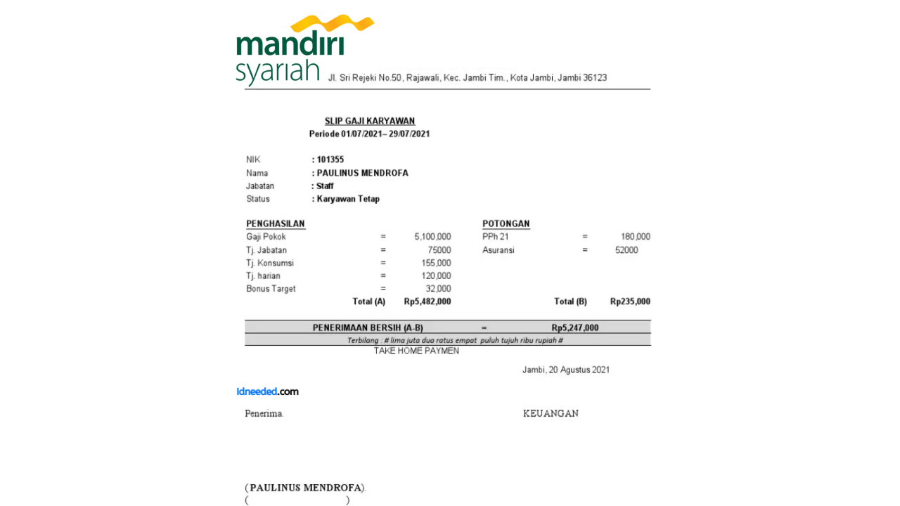 Contoh Slip Gaji Pegawai Bank Mandiri Syariah