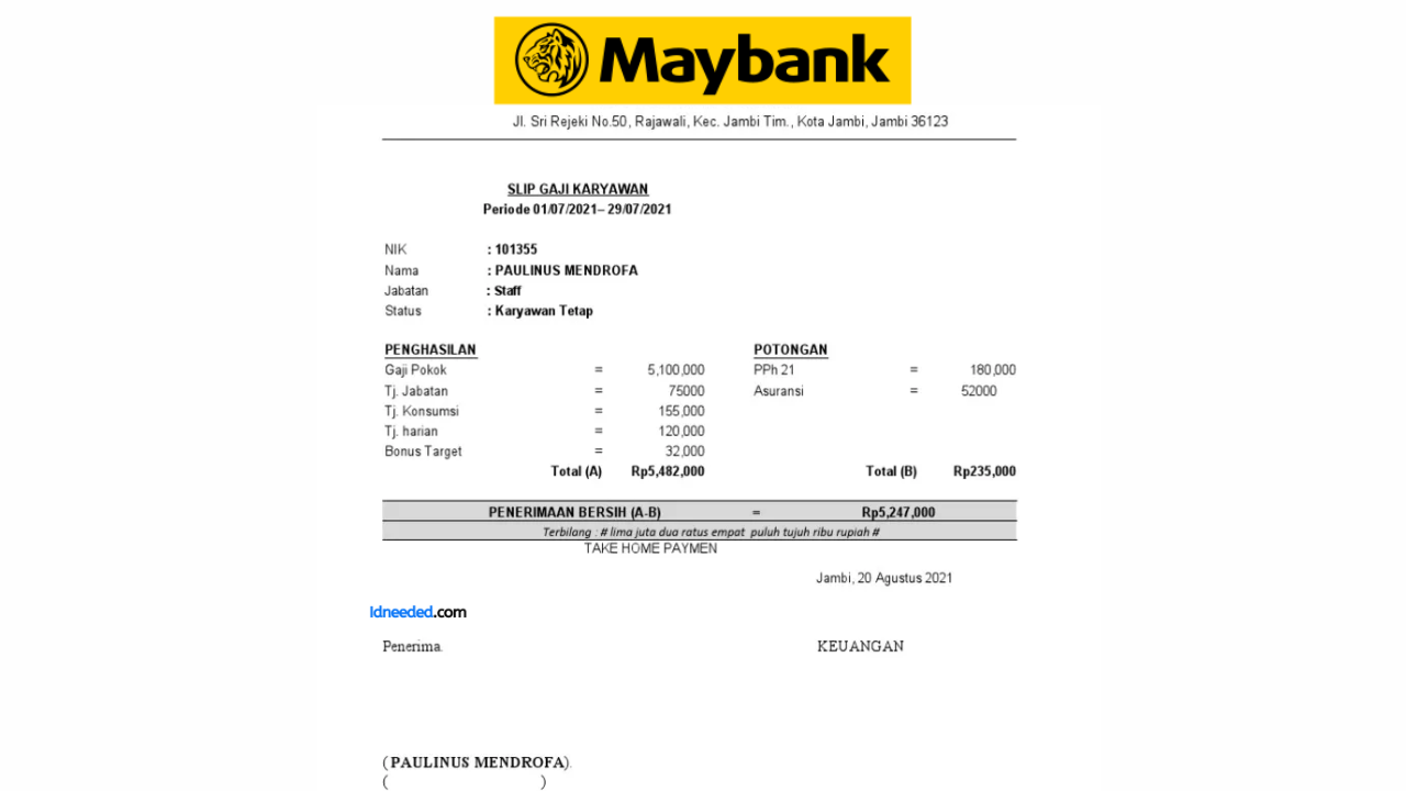 Contoh Slip Gaji Pegawai Bank Maybank Syariah