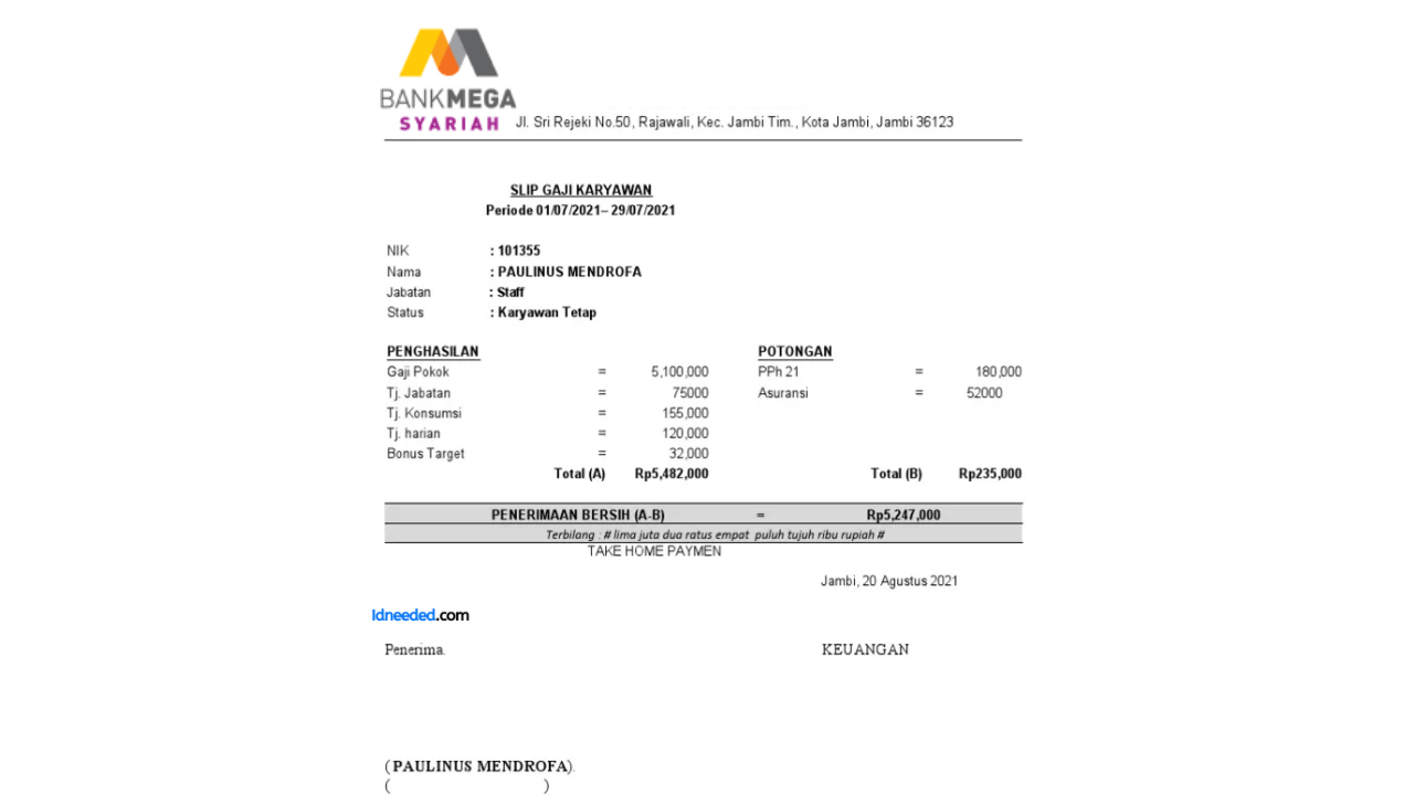 Contoh Slip Gaji Pegawai Bank Mega Syariah