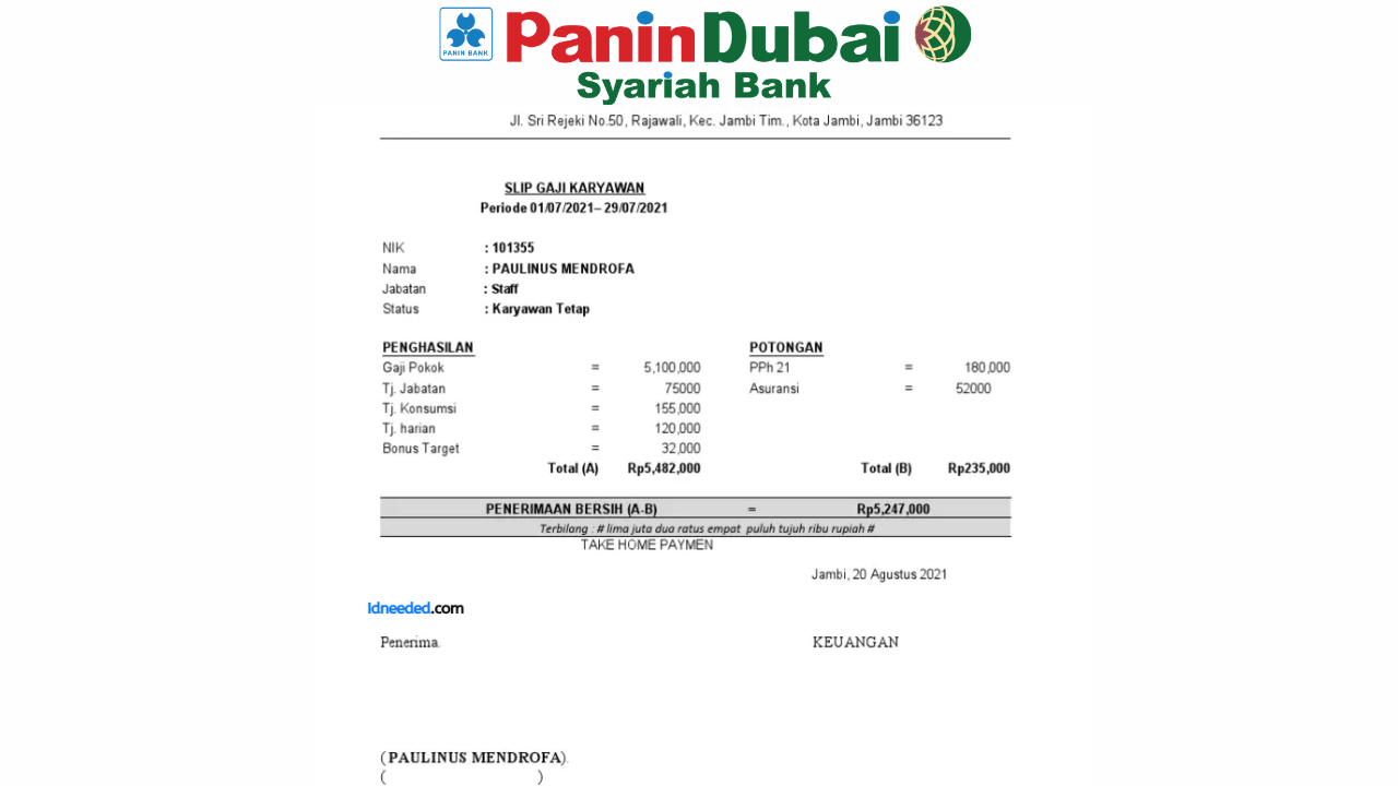 Contoh Slip Gaji Pegawai Bank Panin Syariah