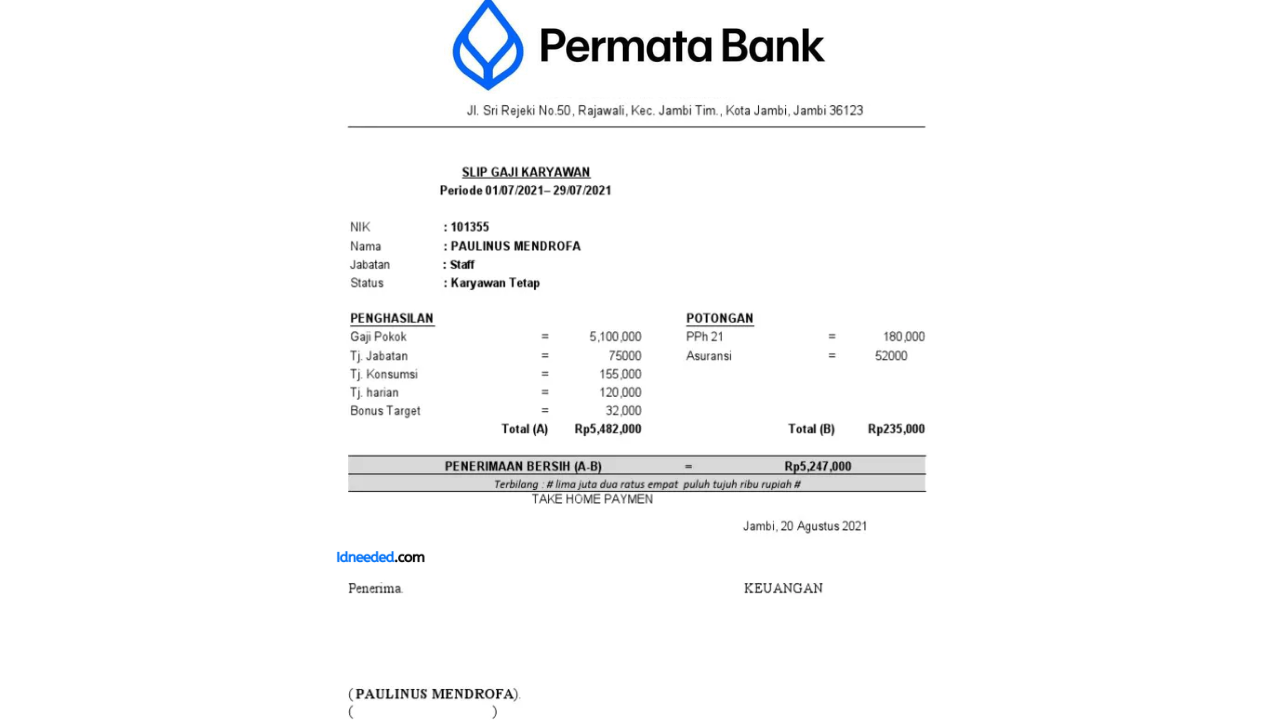 Contoh Slip Gaji Pegawai Bank Permata