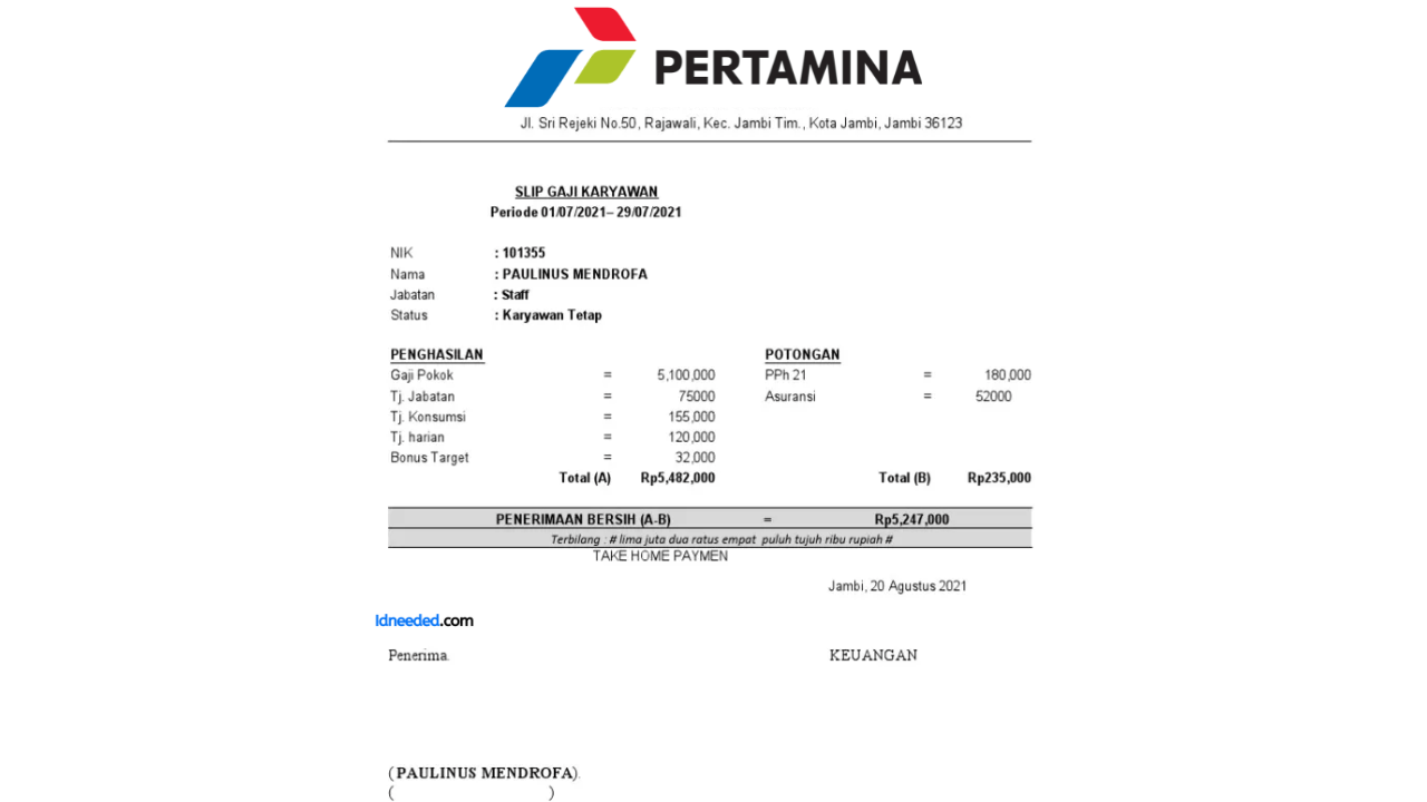 Contoh Slip Gaji Pegawai Pertamina