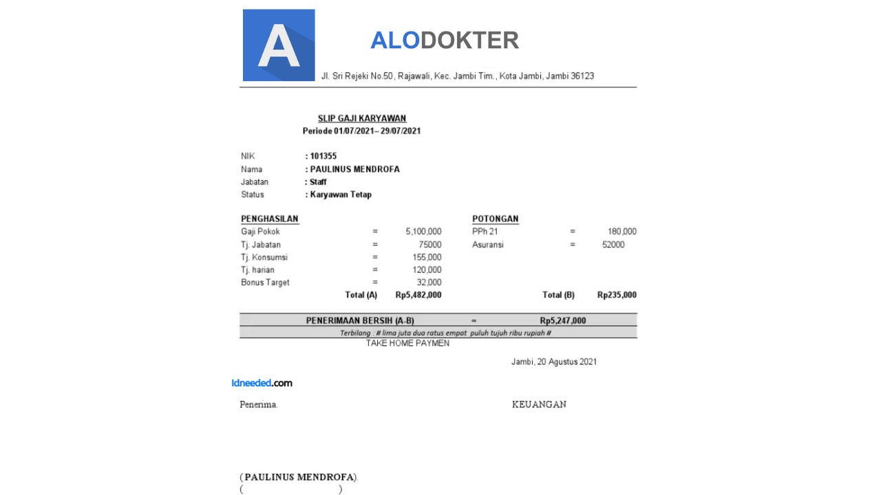 Contoh Slip Gaji Karyawan Alodokter