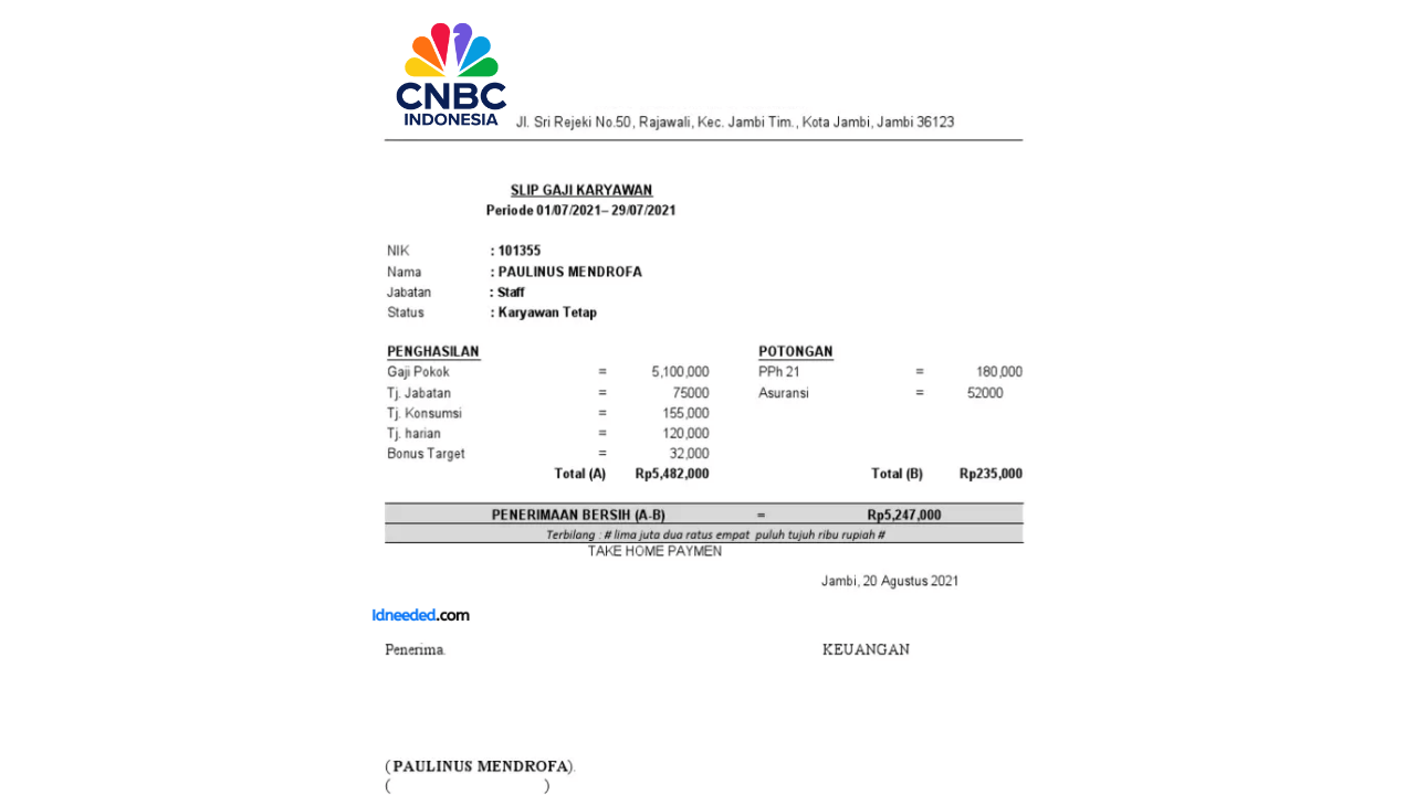 Contoh Slip Gaji Karyawan Cnbcindonesia.com