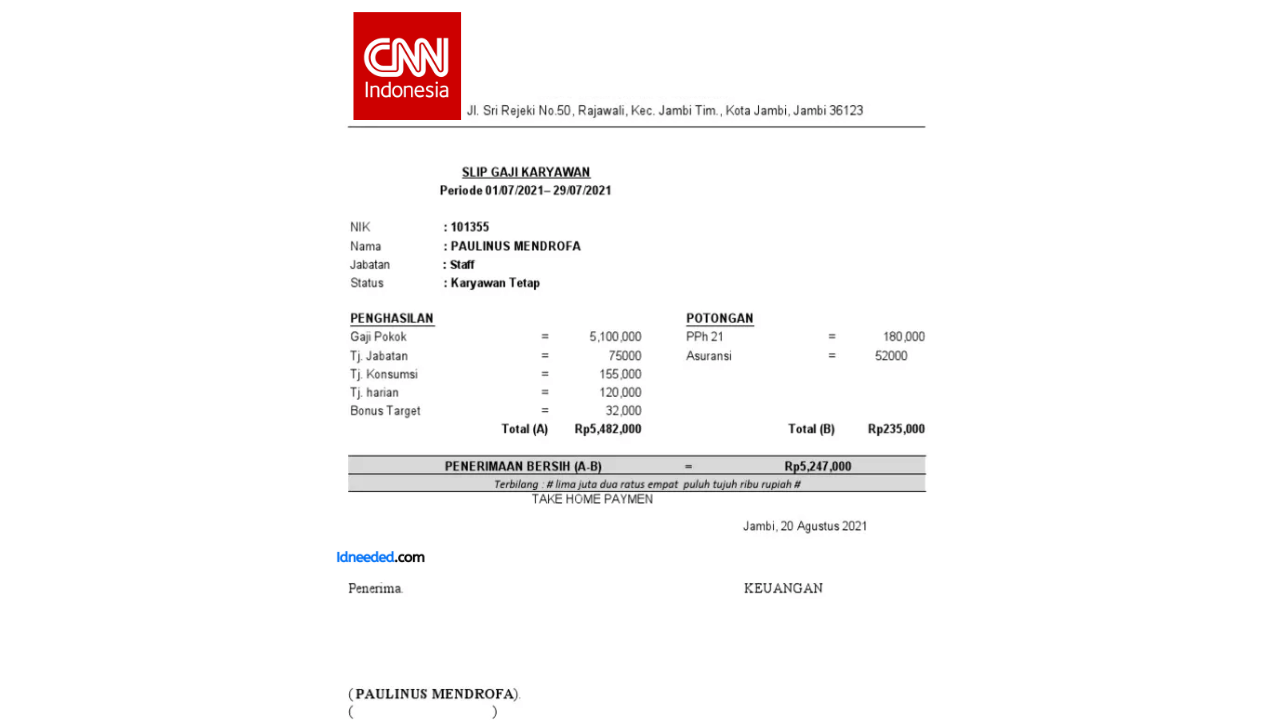 Contoh Slip Gaji Karyawan Cnnindonesia.com