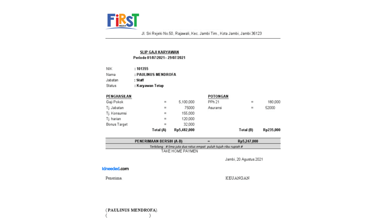 Contoh Slip Gaji Karyawan Firstmedia